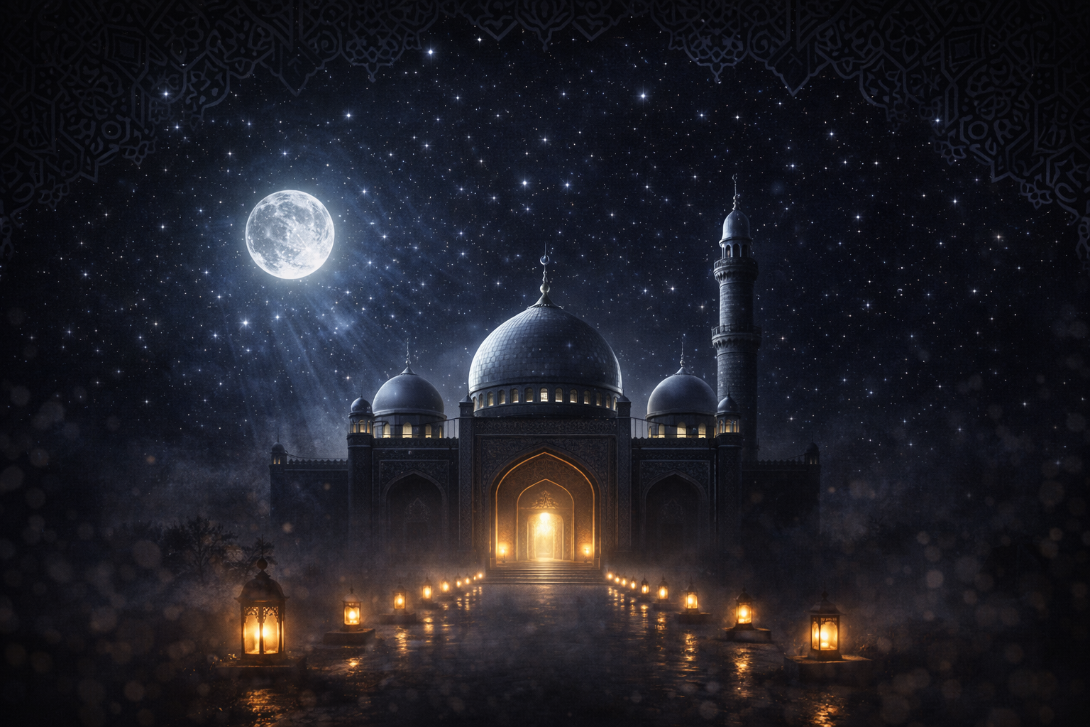 Moonlit mosque with glowing white and silver domes under a vast starry night sky, full moon casting silver-blue light, Islamic geometric patterns etched in celestial light, lantern pathway leading to the entrance -- Shab-e-Barat HD wallpaper
